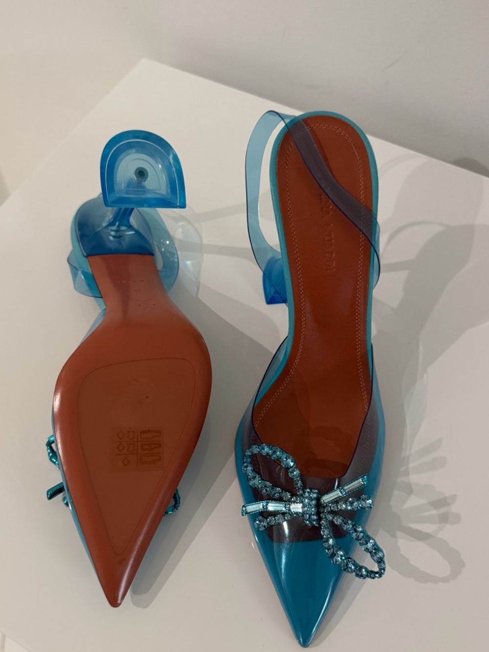 Amina Muaddi Teal Pointed PVC Slingback Pumps with Crystal Bow - Picture 4 of 5